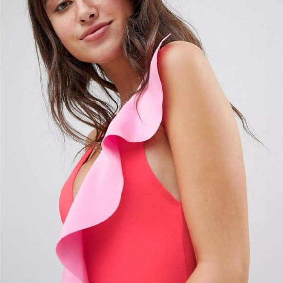 Asos river island frill assymetric swimsuit in neon barbie pink and coral - Picture 15 of 16